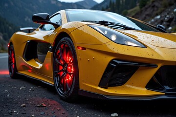 Naklejka premium Yellow sports car with red wheels on a mountain road at dusk.