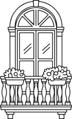 Vintage Stone Wall Balcony with Flower Pots and Climbing Vines in Detailed Line Art
