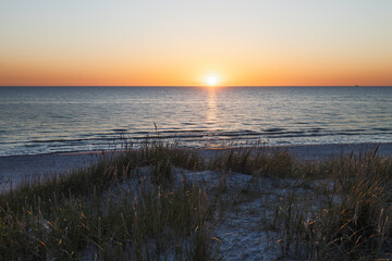 Baltic Sea Sunset over Tranquil Waves and Sandy Dunes with Golden Beach Grass