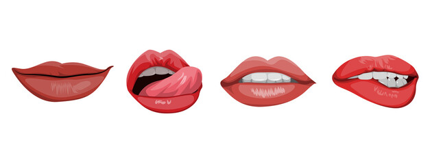 Expressive Lips: A vivid series of four different lip expressions showcases a range of sensual emotions and communication through each unique mouth formation.
