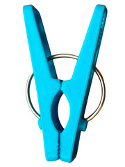 A bright blue clothespin with a circular metal spring, designed for gripping and holding items securely.
