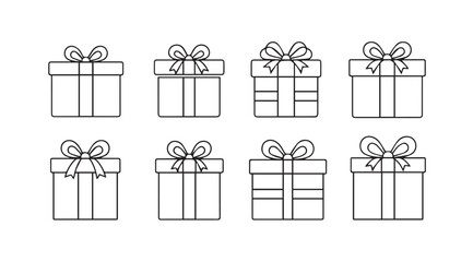 Collection of eight hand drawn gift boxes with ribbons and bows silhouette