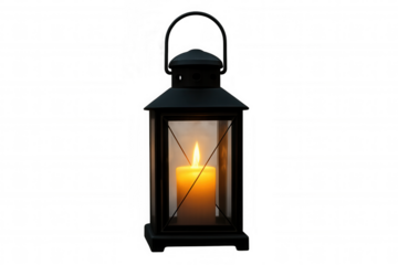 Black metal lantern displaying a glowing candle, providing warm, ambient light. Object isolated on transparent background