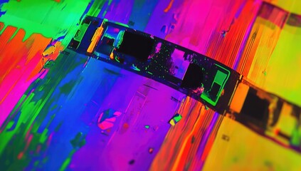 VHS noise texture, a vibrant palette of green, yellow, blue, purple, red, and orange.