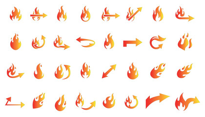 Set of fire arrows icons with flame symbols in different directions on white background
