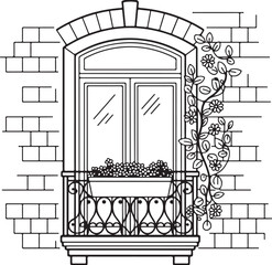 Elegant Arched Balcony with Potted Plants and Ornamental Columns in Classic Style