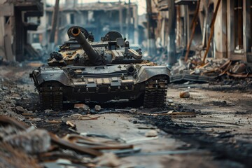 Military tank stands on a street in a destroyed city after the battle