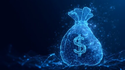A futuristic, glowing blue money bag with a dollar sign in a low-poly style, against a digital network background. The image represents digital finance and future wealth.