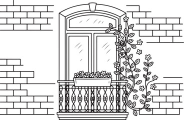 Elegant Arched Balcony with Potted Plants and Ornamental Columns in Classic Style