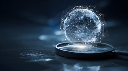 A glowing, digital globe made of lines and points, hovering above a dark magnifying glass, symbolizing global data analysis and market research.