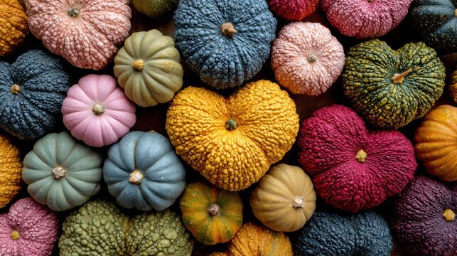 Creative abstract autumn pumpkins arranged in heart shape with vibrant pink blue green yellow red colorful thanksgiving seasonal commercial background design for marketing materials.