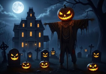 Spooky Scarecrow and Jack-o'-lanterns in a Haunted Cemetery at Night halloween pumpkins