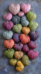 Creative abstract autumn pumpkins arranged in heart shape with vibrant pink blue green yellow red colorful thanksgiving seasonal commercial background design for marketing materials.
