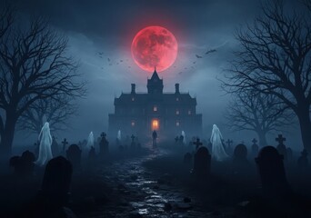 Spooky haunted mansion graveyard with ghosts under red moon halloween house
