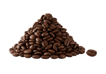 A sculpted mound of premium dark roasted coffee beans with an oily sheen, single bean beside, isolated on clean transparent background with soft studio light. Premium coffee product concept