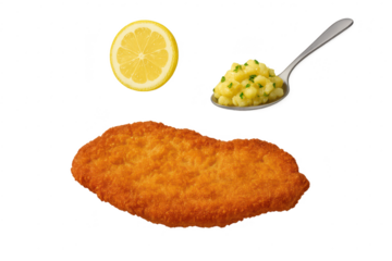 Crispy fried cutlet, lemon, and potato salad isolated on transparent background