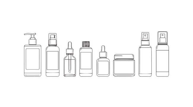 Collection of cosmetic bottles and containers depicted in a clean line drawing silhouette