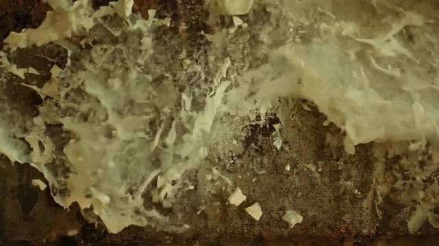 A decaying grunge texture cracked peeling paint wall disintegrating into dust and fragments, abstract textured dissolve transition revealing transparency underneath, cinematic slideshow matte overlay