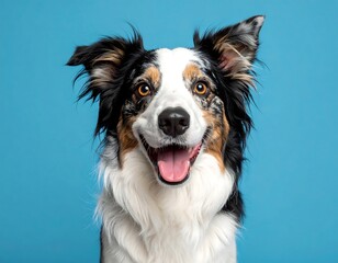 Happy dog portrait against a blue backdrop