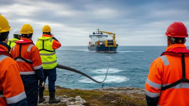 Laying cable at sea using specialized vessel, installation team oversees operation near rocky shoreline. Laying cable is complex endeavor, requiring precision and coordination by professionals,