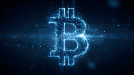 A luminous blue Bitcoin logo with intricate digital circuitry, set against a background of glowing lines and abstract digital elements. It represents cryptocurrency and innovation.