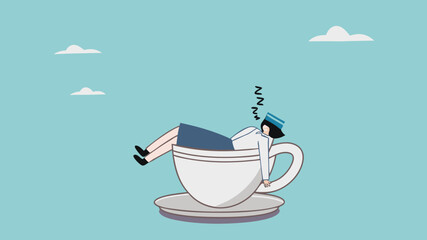 businesswoman fast asleep in a large coffee cup vector illustration. time to take a break concept. coffee break time to relax and refresh from long stress. exhausted worker relaxing in big coffee cup