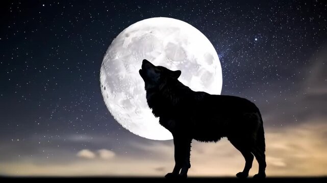 Lone wolf howling at full moon, starry night, nature backdrop, fantasy art