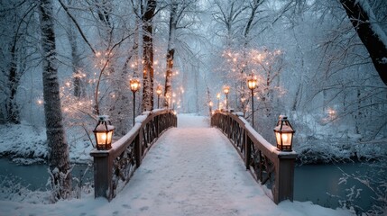 Magical winter bridge over icy river, snow-laden trees, soft warm lanterns, wide panoramic composition, foreground cleared for backdrop usability