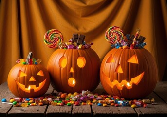 Three Carved Halloween Pumpkins Filled with Assorted Candies and Lollipops jack o lantern glowing