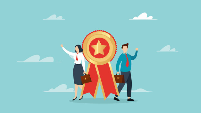 Professional or expert, success employee and win award, employee of the month, best office worker, specialist skill to achieve goal, success professional businessman and woman stand with star award - Powered by Adobe