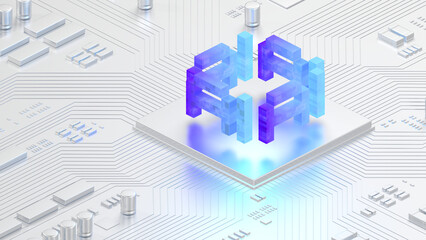 AI chip. Chip on circuit board. Technology background. Artificial intelligence. 3d illustration.