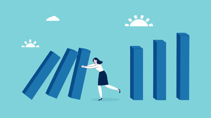 Obraz premium prevent economic recession, stop loss to avoid market crash or banking collapse, saving jobs or preventing economic collapse, businesswoman stop domino effect or financial chain reaction collapse