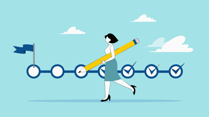 business progress step towards business targets with a strategy plan concept. journey job target action career illustration. businesswoman using pencil to tick the stages that have been completed