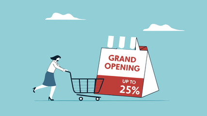 grand opening or new product launch, women run while pushing shopping cart towards newly opened shops to get discounts