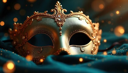 Elegant golden venetian mask with glittering lights on dark turquoise fabric. Ornate masquerade carnival party mask for holiday greeting invitation flyer or vintage mystery celebration design.