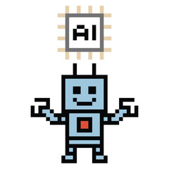 Cute pixel art cartoon robot or AI learn or learning skill with for education calculate chat bot robot vector character technology background 8 bit.