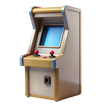 Retro arcade game machine with joysticks and screen on black background vintage