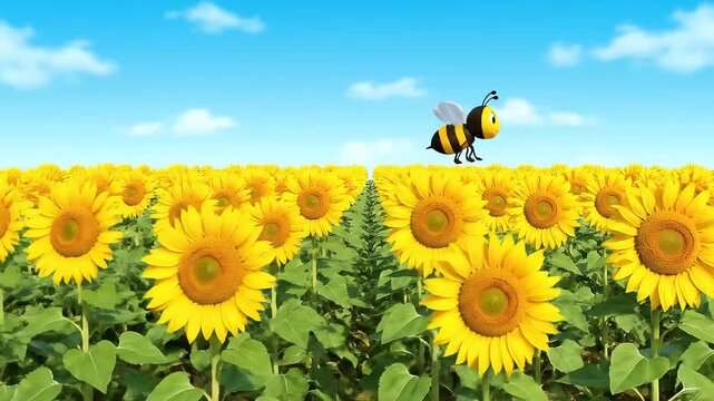 Bee Flying Over a Field of Sunflowers Under a Blue Sky.