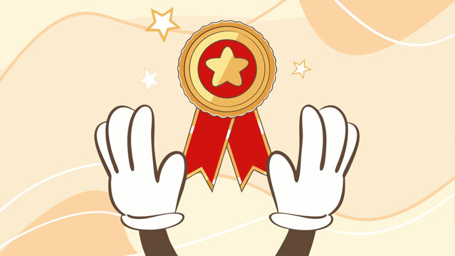 congratulation greeting card design, employee of the month template design, job promotion, work achievement awards, hand drawn retro cartoon illustration holding an award trophy