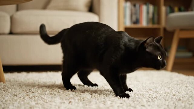 Black cat playing on a fluffy carpet in a living room.