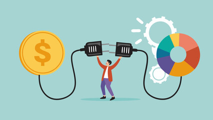 business money allocation for diversification, financial management or budget distribution, financial percentage distribution, businessman connect plug with money coin to financial pie chart