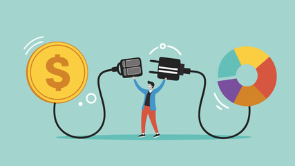 business money allocation for diversification, financial management or budget distribution, financial percentage distribution, businessman connect plug with money coin to financial pie chart