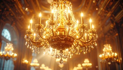 Obraz premium Ornate Golden Chandelier Illuminating Classic Architectural Details with Glowing Daylight