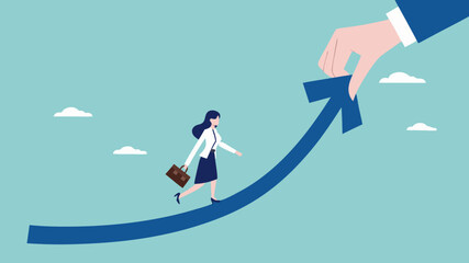 Obraz premium career growth to success concept illustration with businesswoman hand helps pull the arrow to success, career progress to success in work. career development concept vector illustration
