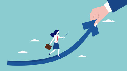Obraz premium career growth to success concept illustration with businesswoman hand helps pull the arrow to success, career progress to success in work. career development concept vector illustration