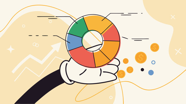 business analysis illustration, hand retro cartoon holding business analysist pie chart, business pie chart design, business presentation material