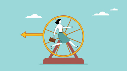 career stagnation concept, office worker or employee, Work In Loop With No Career Path, undeveloped business concept, meaningless work concept with businessman running on hamster wheel illustration