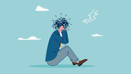 stress or anxiety, overthinking or mental exhaustion or negative emotional, depressed or top much worried, businessman overload to thinking about business with mess head