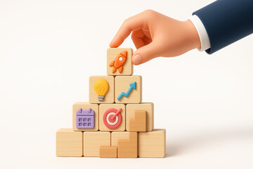 Hand Stacking Wooden Blocks with Business Icons Symbolizing Growth and Strategy in a Playful Way