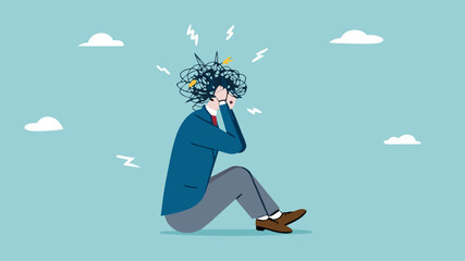 stress or anxiety, overthinking or mental exhaustion or negative emotional, depressed or top much worried, businessman overload to thinking about business with mess head